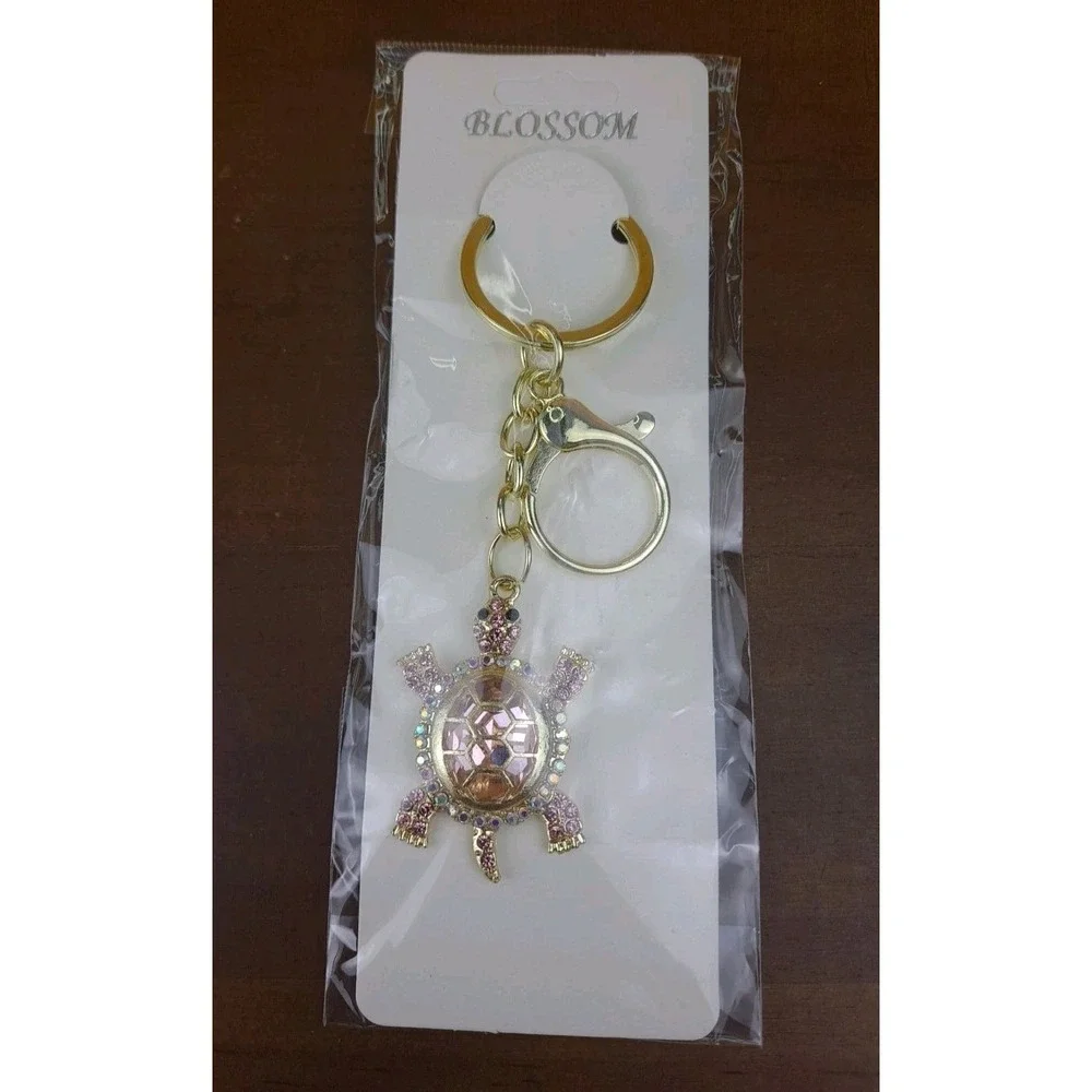 Turtle‎ Pink Rhinestone Crystal Gold Tone Keychain Backpack Purse Clip
